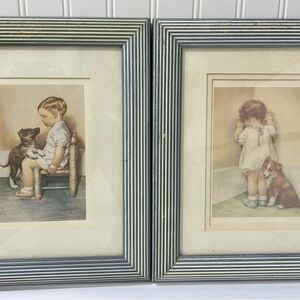 Vintage Child and Dog Art Prints in Blue Frames
